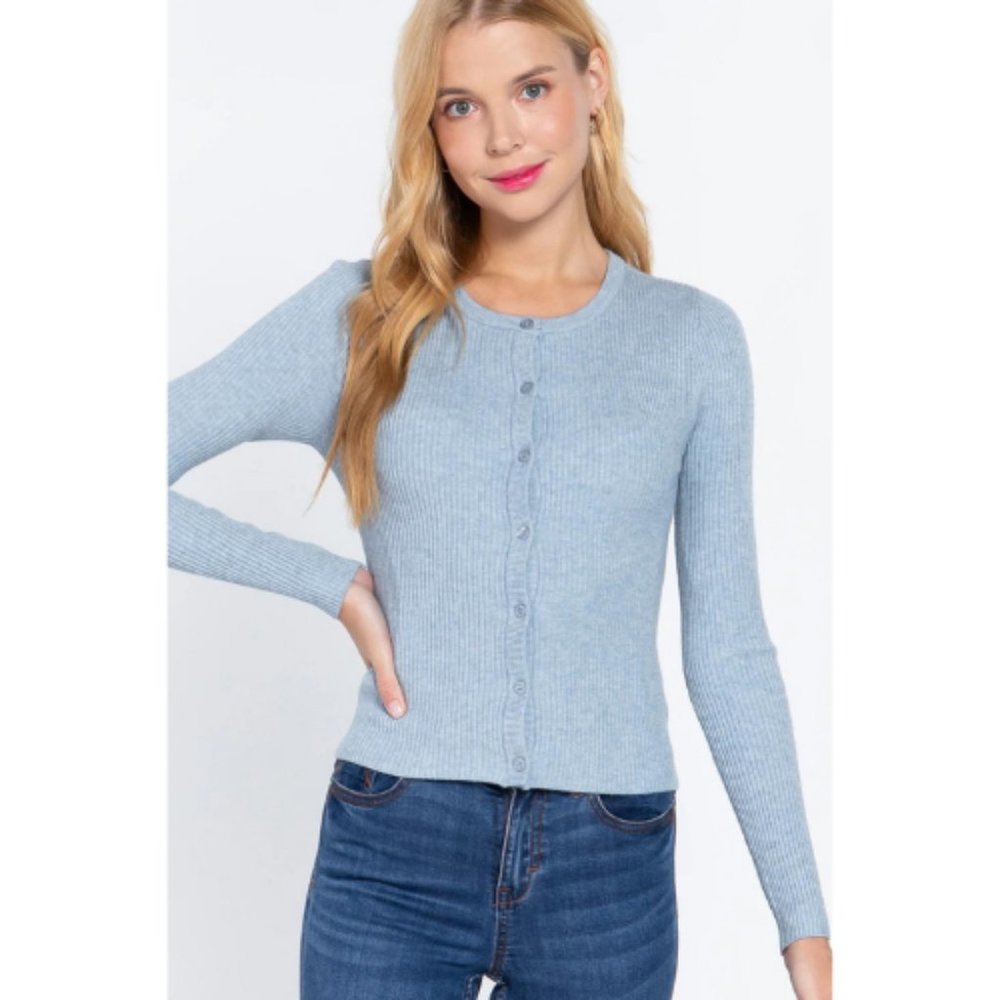 Women’s Blue Long Sleeve Crew Neck Basic Cardigan